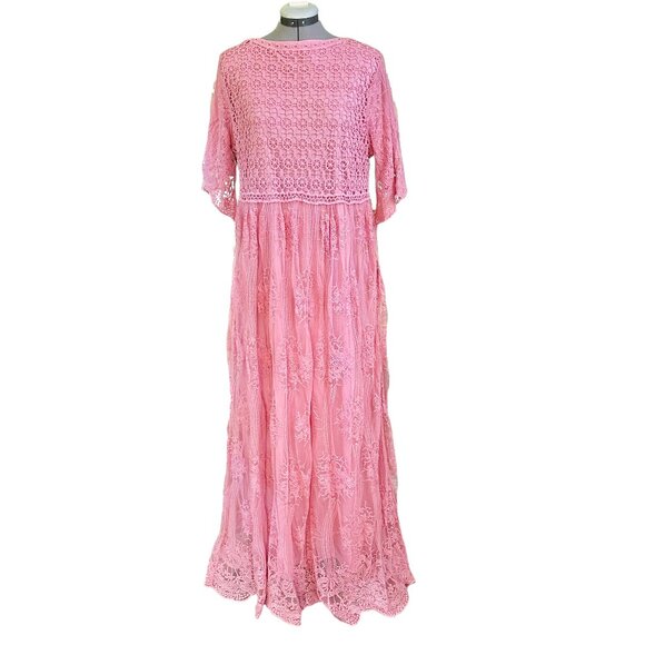 Tea n Rose‎ Crochet Lace Overlay Pink Maxi Dress L Butterfly Sleeves - Picture 1 of 11